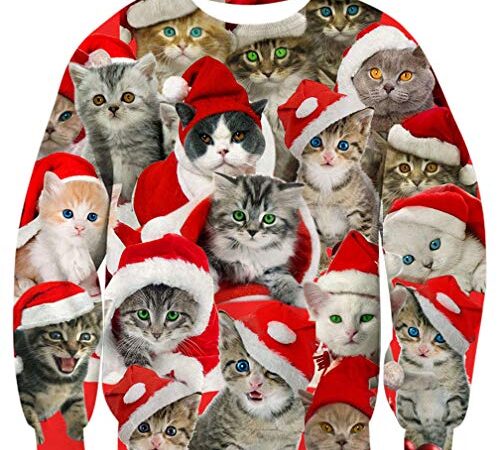 Goodstoworld Pull Noel Unisexe 3D Ugly Christmas Sweater à Manches Longues Fun Noël Elf Imprimé Sweat-Shirt S-XXL, A-christmas Cat1, XL