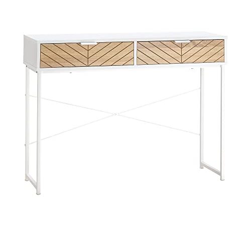 HOMCOM Table Console Industriel 2 tiroirs Aspect Bois de chêne sculpté Motif à Chevrons piètement métal Blanc