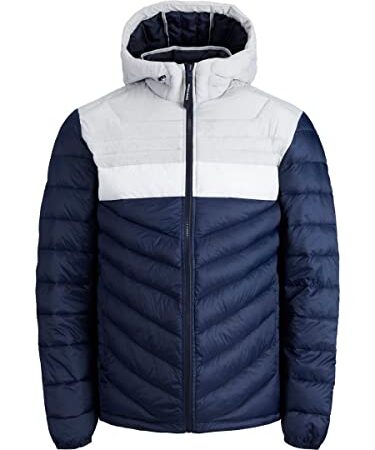 JACK&JONES JJEHERO Puffer Hood SN Jacket, Navy Blazer/Detail:Glacier Gray Blocking, M Homme