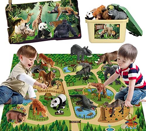 Lot de 12 figurines d'animaux de safari avec grand tapis d'activités de 147 x 98,6 cm,figurines réalistes Jumbo d'animaux du zoo sauvage de la jungle avec éléphant,girafe,lion pour enfants,tout-petits