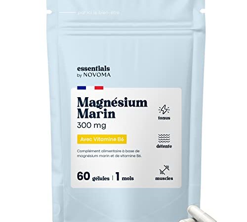 Magnésium Marin + Vitamine B6, Combat la Fatigue et le Stress, Cure de 1 mois, 60 Gélules Végétales, Magnesium Marin Pur 300 mg/jour, Fabriqué en France, Essentials by Novoma