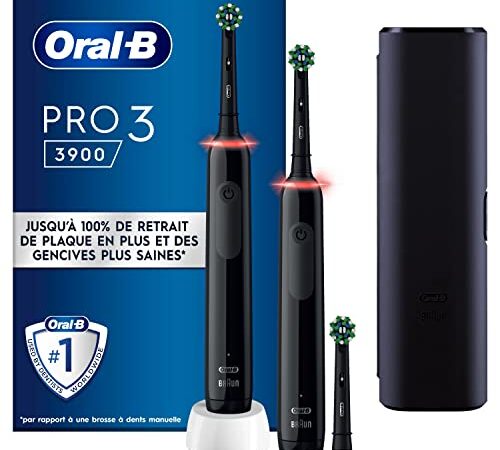 Oral-B Pro 3 3900 Brosse à Dents Électrique (Pack de 2), Duo Pack Brosses à Dents Plus 1 Brossette de Rechange, Noir