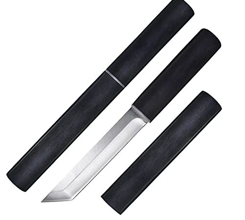 Promithi D2 Couteau fixe de plein air japonais en acier D2, dureté 60 HRC, traitement thermique sous vide, Noir