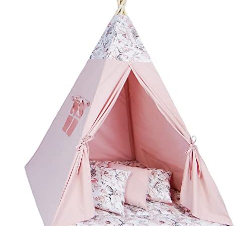Tente Tipi pour Enfants - Tente de Jeu Tippi Chambre d'enfant Tente Indienne Extérieur Intérieur Modèle 4 avec Tapis de Jeu et 3 Coussins