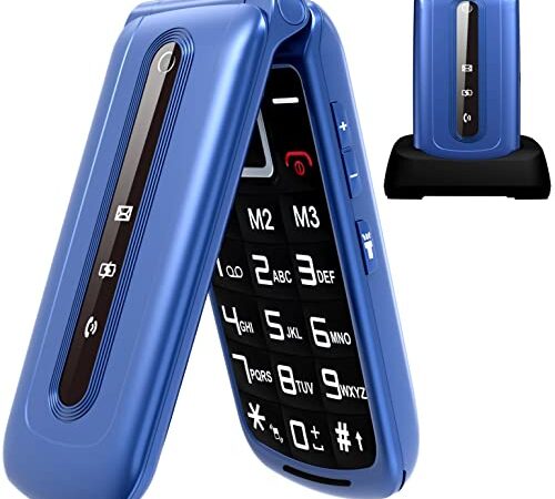 Téléphone Portable Senior Débloqué avec Grandes Touches pour Personnes âgées | Écran de 2,4"|Bouton SOS | Radio FM | Haut-Parleur de Boîte | Batterie 1000mAh | Lampe Torche et Station de Charge (Bleu)