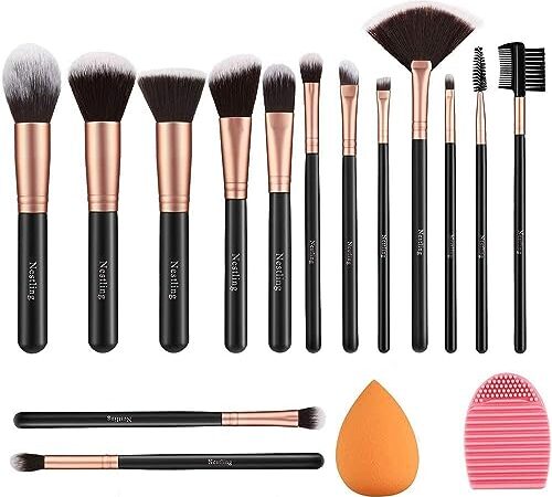 14 PCS Set Pinceaux Maquillage Rose Doré avec Eponge Maquillage et Brosse De Nettoyage Synthétiques Haut De Gamme pour fond De Teint Mélange Poudre Le Visage Ombres à Paupières