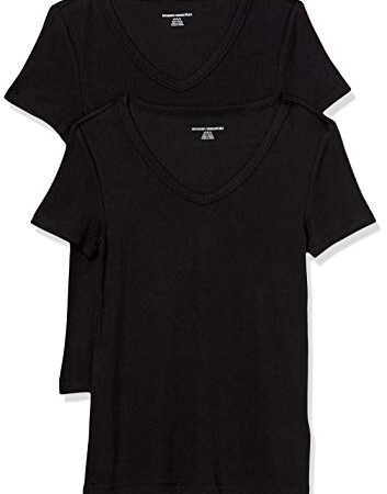 Amazon Essentials T- Shirt Col en v à Manches Courtes Coupe Ajustée Femme, Lot de 2, Noir, L