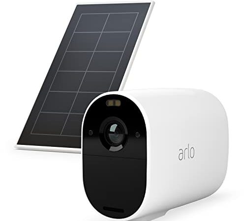 Arlo Essential XL Camera Surveillance WiFi Exterieure Sans Fil + Panneau Solaire, 1080p HD, Autonomie 12 Mois, Vision Nocturne, Sirène, Détection Mouvement, Inclus 90 Jrs Arlo Secure, Blanc