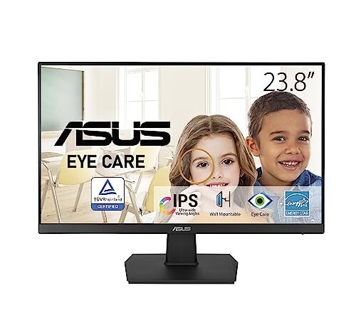 ASUS VA24EHE - Ecran PC 23,8" FHD - Dalle IPS - 16:9 - 75Hz - 1920x1080 - 250cd/m² - HDMI, DVI et VGA - Adaptive Sync - Technologie ASUS Eye Care, Noir