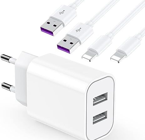 Chargeur Rapide iPhone 【Certifié MFi Apple】 Chargeur USB et 2 Câble Lightning de 2 m Adaptateur Secteur USB Universel Mural Chargeur Compatible avec iPhone 14/13/12/SE/11/X/XS/XR/8/7/7 Plus/6/iPad