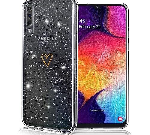 Coque pour Samsung Galaxy A50 Paillettes, Housse Transparent Glitter Etui Silicone TPU Bumper Antichoc Ultra Mince avec Motif Coeur d'amour Doré Mignon Coque pour Samsung A50