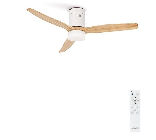 CREATE / WINDCALM DC/Ventilateur de plafond blanc pales en bois naturel/Avec Lumière/Silencieux, minuterie, puissance 40W et Ø132 cm