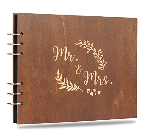 Creawoo 28,5cm Mr&Mrs Album Livre d'or en Bois pour Anniversaire de Mariage avec 80 Pages Vierges en Carton Noir - Disponible au Moins 160 Images