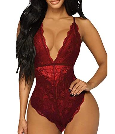 EVELIFE Body Femme Dentelle Col V sans Manche, Sexy Teddy Lingerie Dos Nu sous-Vêtements De Nuit, Babydoll Lingerie Transparent Ouverte Entrejambe pour Anniversaire(Vin Rouge Medium)