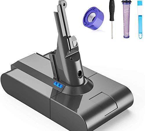 FLYLINKTECH V8 Batterie Dyson V8 SV10 Li-ION Batterie pour Dyson V8 Absolute Fluffy Animal SV10 Aspirateur à Main sans Fil avec Pack de 2 filtres + Brosse de Nettoyage + Tournevis (V8 6000mAh)