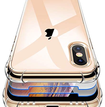 Garegce Coque iPhone XS Max, iPhone XS Max Coque Transparente + 2 Pack Verre Trempé Protecteur écran, Silicone TPU Souple XS Max Housse, Placage Antichoc Bumper Etui iPhone XS Max - Transparente