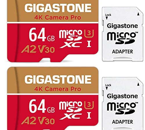 Gigastone Carte Mémoire 64 Go Lot de 2 Cartes, 4K Caméra Pro, Compatible avec GoPro Switch, Vitesse 95 Mo/s. A2 U3 V30 Carte Micro SDXC avec Adaptateur SD.