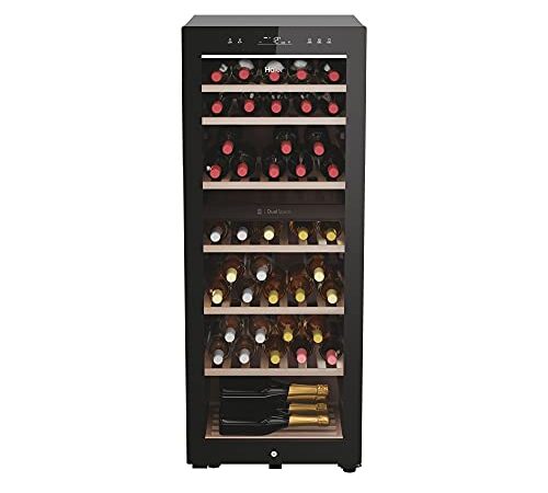 Haier HWS77GDAU1 Cave à vin réfrigéré, 77 bouteilles, lumières LED et verre anti-UV, étagères en bois, 49,7 x 58,5 x 127 cm, classe G, noir