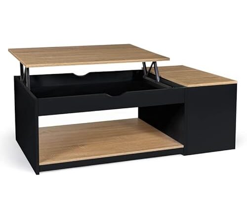 IDMarket - Table Basse Plateau relevable ELEA avec Coffre Bois Noir et façon hêtre