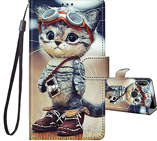 JRIANY Coque pour Huawei P20 Lite (5,84 Pouces), Etui Portefeuille Antichoc Housse Protection avec Motif, [Fonction Support] [Porte Carte] PU Cuir à Rabat Coque pour Huawei P20 Lite - Chat C