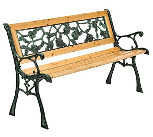 Juskys Banc de Jardin - Banc en Bois 2 Places avec accoudoirs & Dossier - Banc résistant aux intempéries 122x54x73 cm - éléments latéraux en Fonte- Naturel, Modèle Venezia