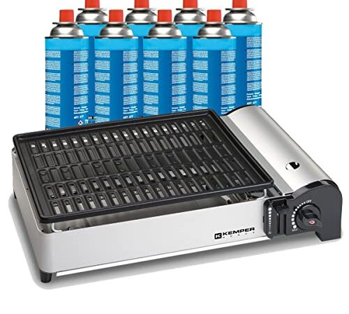 KEMPER - Barbecue Grill gaz 1900W Grille anti adhesive + 8 Cartouches gaz camping