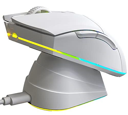 KLIM Blaze Pro - Souris Gamer sans Fil RGB Rechargeable avec Station de Charge - Nouveauté 2023 - Capteur Haute Précision avec Batterie Longue Durée - 6000 DPI - Souris Filaire et sans Fil - Blanc