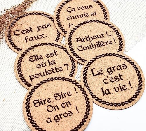 Lot de 6 dessous de verre en liège avec citation drôle au choix, idée cadeau fête des pères, 10cm