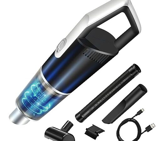 motomoyo Aspirateur à Main sans Fil, 8000Pa 120W Aspirateur Voiture Puissant, Mini Aspirateur de Table USB Rechargeable pour Poils d'animaux, Cuisine, Bureau, Voiture, 2000mAh × 2 Batterie, 20Mins