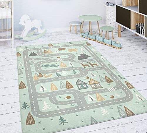 Paco Home Tapis Chambre Enfant Tapis De Jeux Tapis Bébé Route Ours Élan Arbres Vert Gris, Dimension:80x150 cm