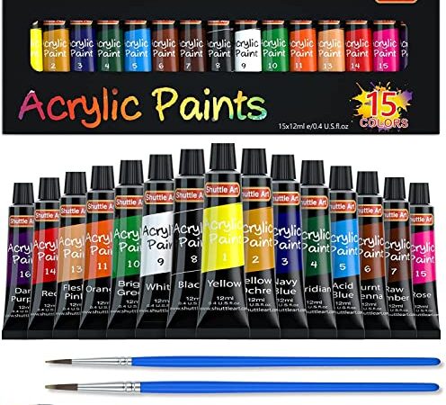 Peinture Acrylique Tube, Shuttle Art Peinture Acrylique enfant de 15×12 ml avec 3 Pinceaux, Épaisse et Non Toxique, Bien Recouvrement, Idéal pour Enfants et Adultes sur Toile Tissu