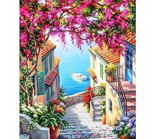 Peinture Diamant Adulte,Paysage Mer 5D Diamond Painting Complet,Diamant Strass Point de Croix Cristal Painting,Fleurs et Arbres Diamant Kit Enfants,Murale Décoration,30x40 cm