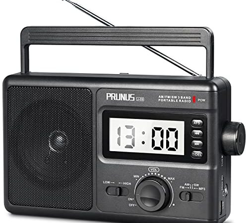 PRUNUS J-09 Poste Radio Portable, SW AM FM Radio Piles et Secteur, Radio a Pile avec écran LCD/Horloge, Supporte USB et TF Card pour la Maison, l'extérieur et Personnes Âgées