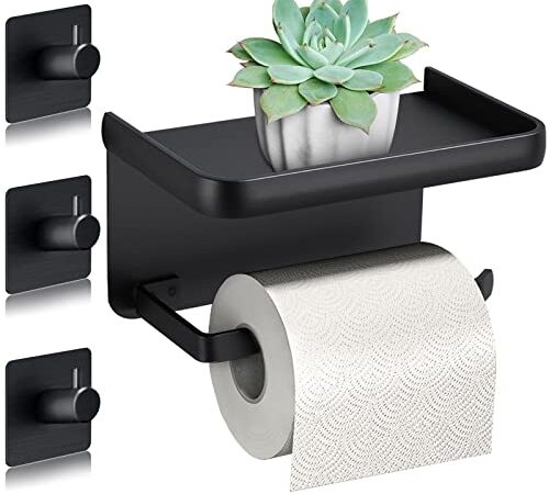 Purpledi Porte Rouleau Papier Toilettes en Aluminium (Perforé/Non perforé) Porte-Rouleau avec étagères Spacieuses Porte Rouleau Papier Toilette Noir Auto-adhésif avec Tablette