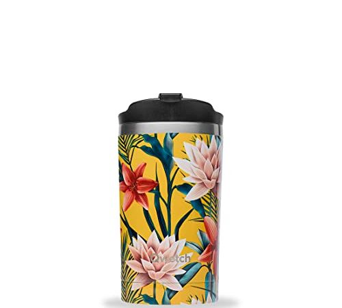 QWETCH - Travel Mug Isotherme - Tropical Jaune 300ml - Mug Café & Thé Nomade en Inox - 6h Chaud et 12h Froid - Sans BPA & Étanche - Mug idéal pour transport, voiture, bureau, maison