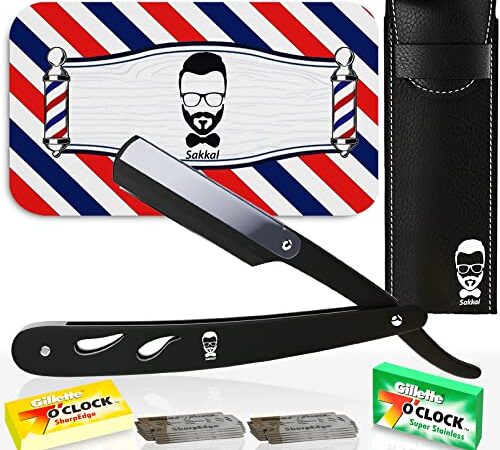 Rasoir à Barbe Coupe choux |20 Demi-Lames Etui Cuir de Transport |KIT rasoir de barbier manuel professionnel barber Visage classique Entretien a main précision vintage Traditionnel coiffeur homme