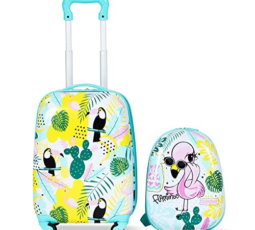 RELAX4LIFE Set de Valise Enfant à roulettes 16" et Sac à Dos 12" en ABS, Bagage Trolley Enfant pour Voyage, École, Jardin d’Enfant, Éléphant Coloré/Poulain Rose/Zoo Bleu (Flamant Vert)