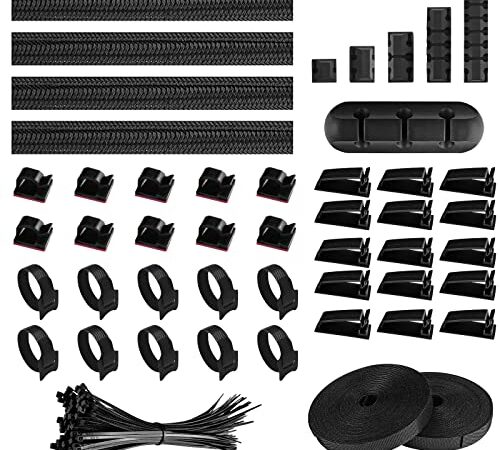 Relota 156 pièces kit de Gestion Câbles, 5 Clips Câble Adhésifs 4 Câble Gaine 35 Clips Câbles 100 Serre Câbles 2 rouleaux Ruban Auto-adhésif 10 Attaches Câble, pour Cable Management