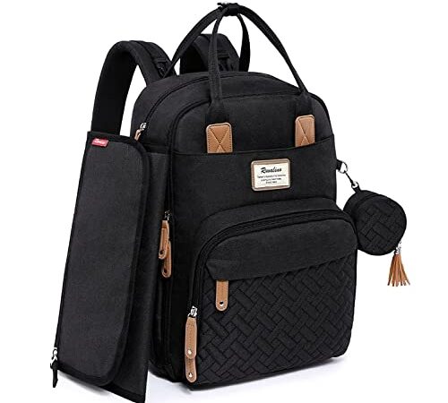 RUVALINO Sac à Dos à Langer, Sac à Langer bébé avec Matelas à Langer Portable, Porte-Sucette et Sangles de Poussette, Sac de Voyage multifonctionnel pour Maman ou Papa, Noir