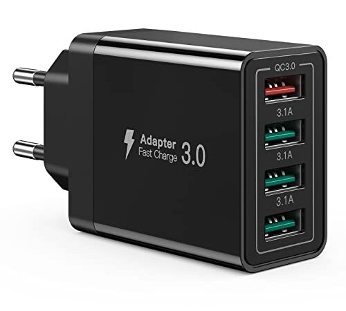 SCCVEE Chargeur USB 33 W QC 3.0 Chargeur USB 4 Ports Chargeur USB Multiple Compatible avec iPhone 12/13/11/Samsung S22/S21/S20/Xiaomi/Huawei/OPPO/OnePlus etc.