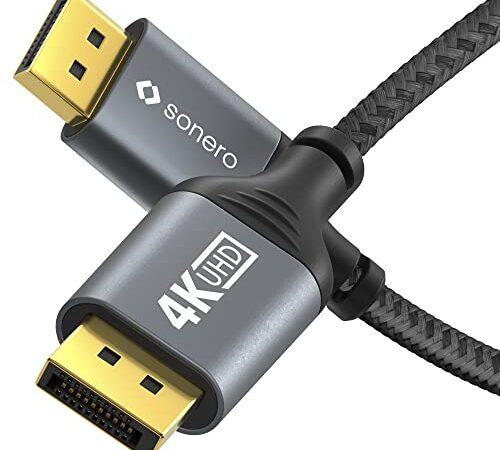 Sonero® Câble 4K DisplayPort 1.2, DisplayPort mâle vers DisplayPort mâle, 4K 60Hz, 2K 144Hz, gaine coton, gris/noir, 1.00 mètre