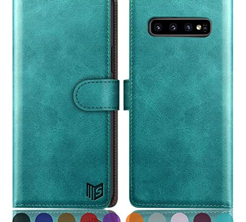 SUANPOT Etui Coque pour Samsung Galaxy S10 [RFID Blocage] [Magnétique Protection] Fentes pour Cartes Protection Etui Housse Premium en Cuir PU,Samsung S10 Etui Portefeuille Bleu Vert