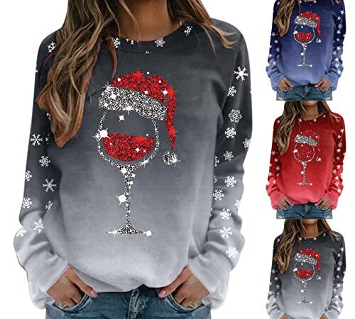 Sweat Noel Femme Sweat Noel Rigolo Chemise Sweatshirt Col en Rond Imprimé Wapiti Ugly Christmas Shirts Manches Longues Haut Automne Casual Pull Cadeaux de Noël