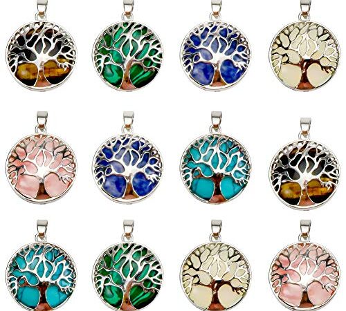 TOAOB 6 Pièces 27mm Rond Pendentif Arbre de Vie avec D'alliages et Pierres Precieuse Naturelles Cristal de Guérison pour les Découvertes de Bijoux