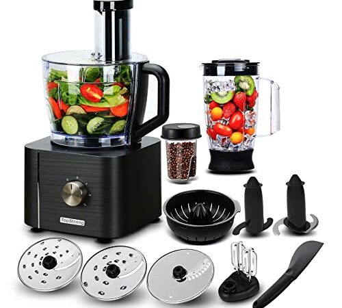 TopStrong Robot Cuisine Multifonction,1100W Robot Multifonction,11 en 1 Robot Culinaire inclus Hachoir, Crochet Pétrisseur,Mixeur, Presse-agrumes et Moulin à Café, 3,2L Bol et 1,5L Blender