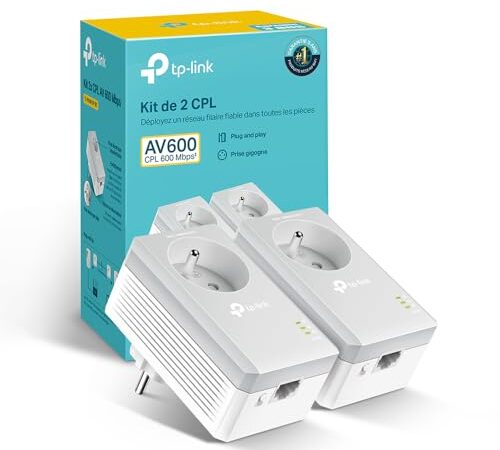 TP-Link CPL AV600 (Débit 600 Mbps), 1 Port Fast Ethernet, Prise Intégrée Version Française, Pack de 2 CPL (TL-PA4015P KIT) Blanc