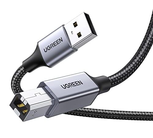 UGREEN Câble USB A Mâle vers USB B 2.0 Mâle Câble Scanner Nylon Tressé Compatible avec Imprimante HP, Canon, Epson, Lexmark, Brother, Hero (2M)