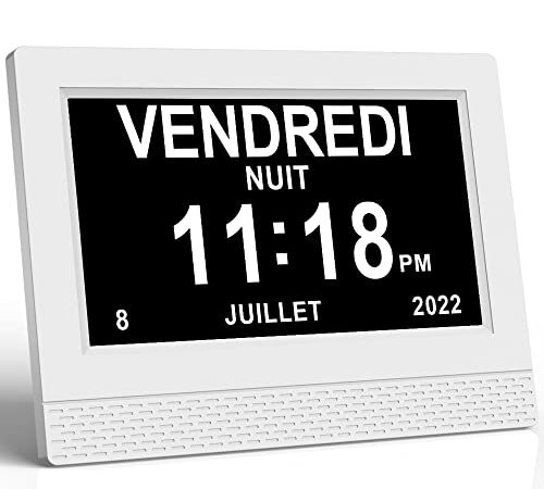 Yuanzeco 7" LCD Version Améliorée Horloge Numérique,LCD Digital Clock White Color Calendar with Date and Time Clock Auto - Dimming，pour Alzheimer Les et Jeunes Les Personnes âgées et Les Enfants