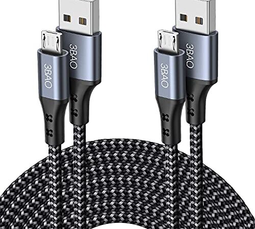 3BAO Câble Micro USB,[1m 2m /Lot de 2] Nylon Tressé USB A vers Micro Compatible avec Appareils Android,Samsung Galaxy S6 edge S7 S5 J7 J6 J5 J3,PS4 Manette,Huawei,Kindle, Nokia,Sony, LG,Xiaomi