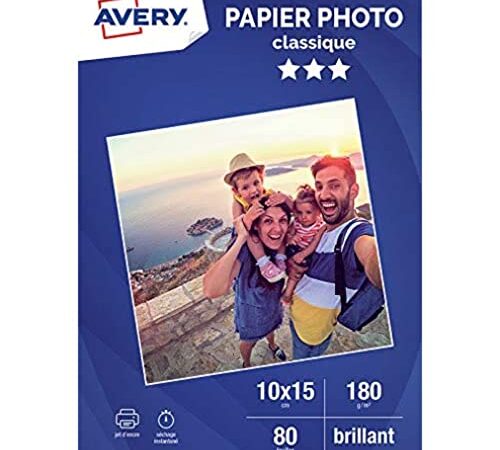 AVERY - 80 feuilles de papier photo 180g/m² brillant, Format 10 x 15 cm, Impression jet d'encre,